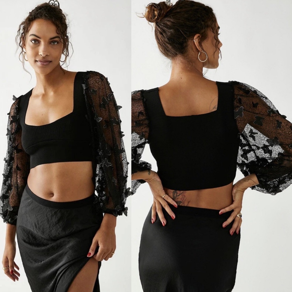 Free‎ People Womens Top XS Black Butterfly Crop Sheer Fairy Whimsigoth